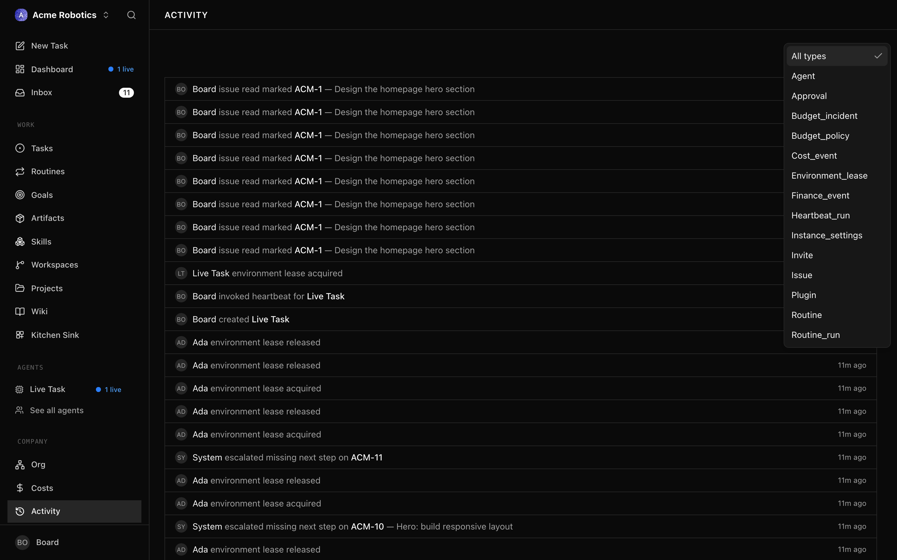 Activity Log with the filter bar open, showing options for agent, entity type, and time range