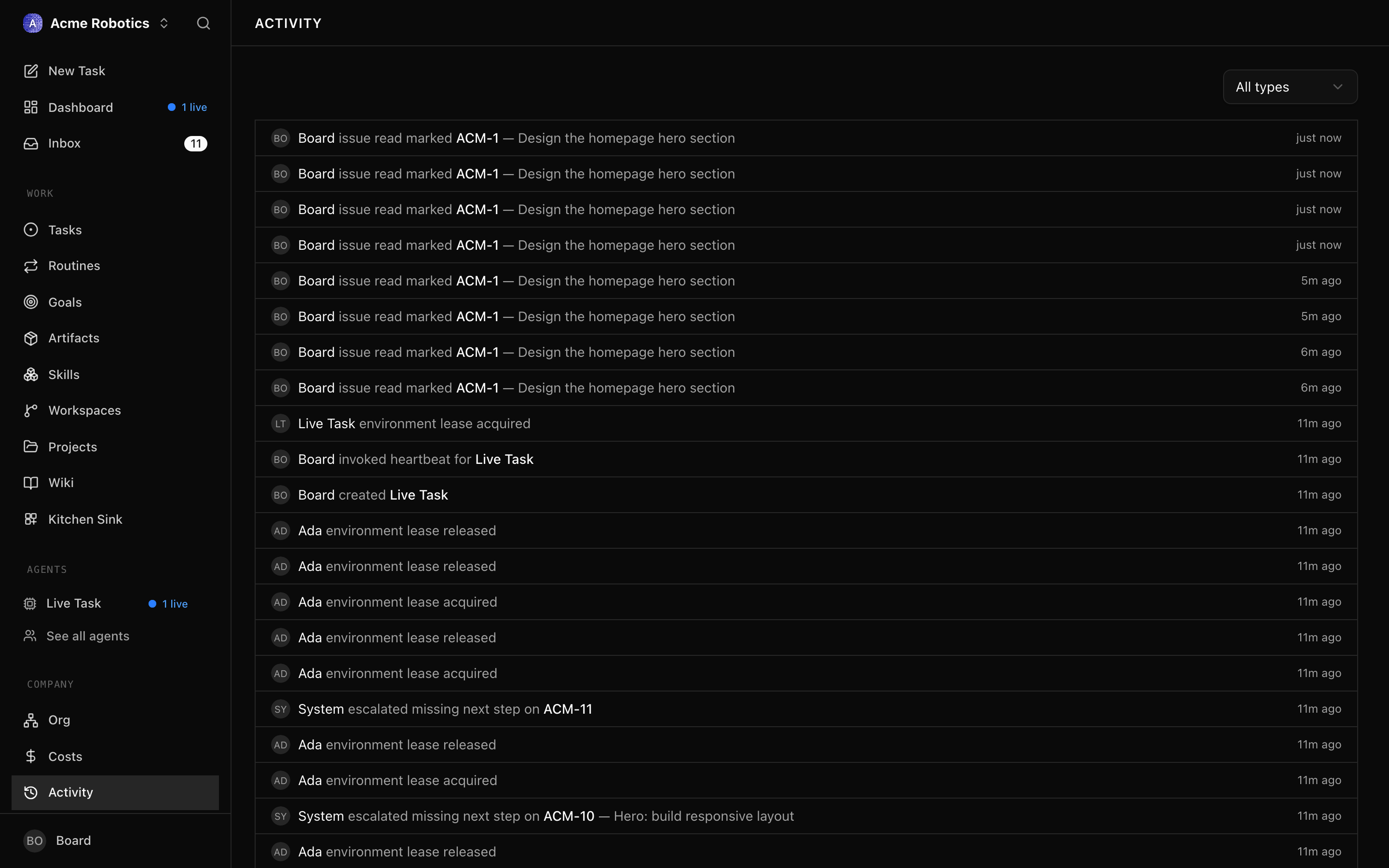 Activity Log page showing a full chronological feed of events with actor names, action descriptions, and timestamps