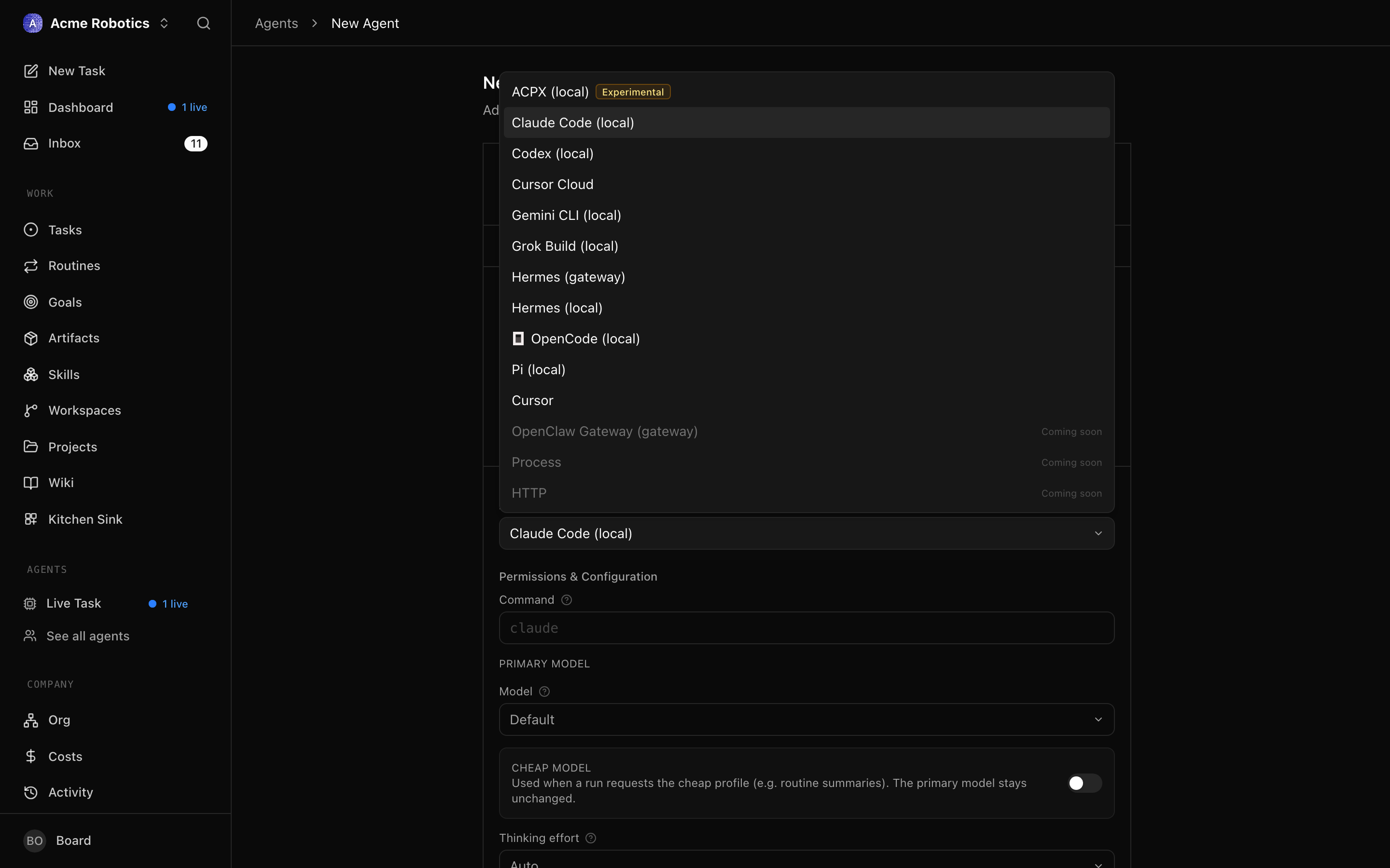 The adapter type dropdown showing available adapter options