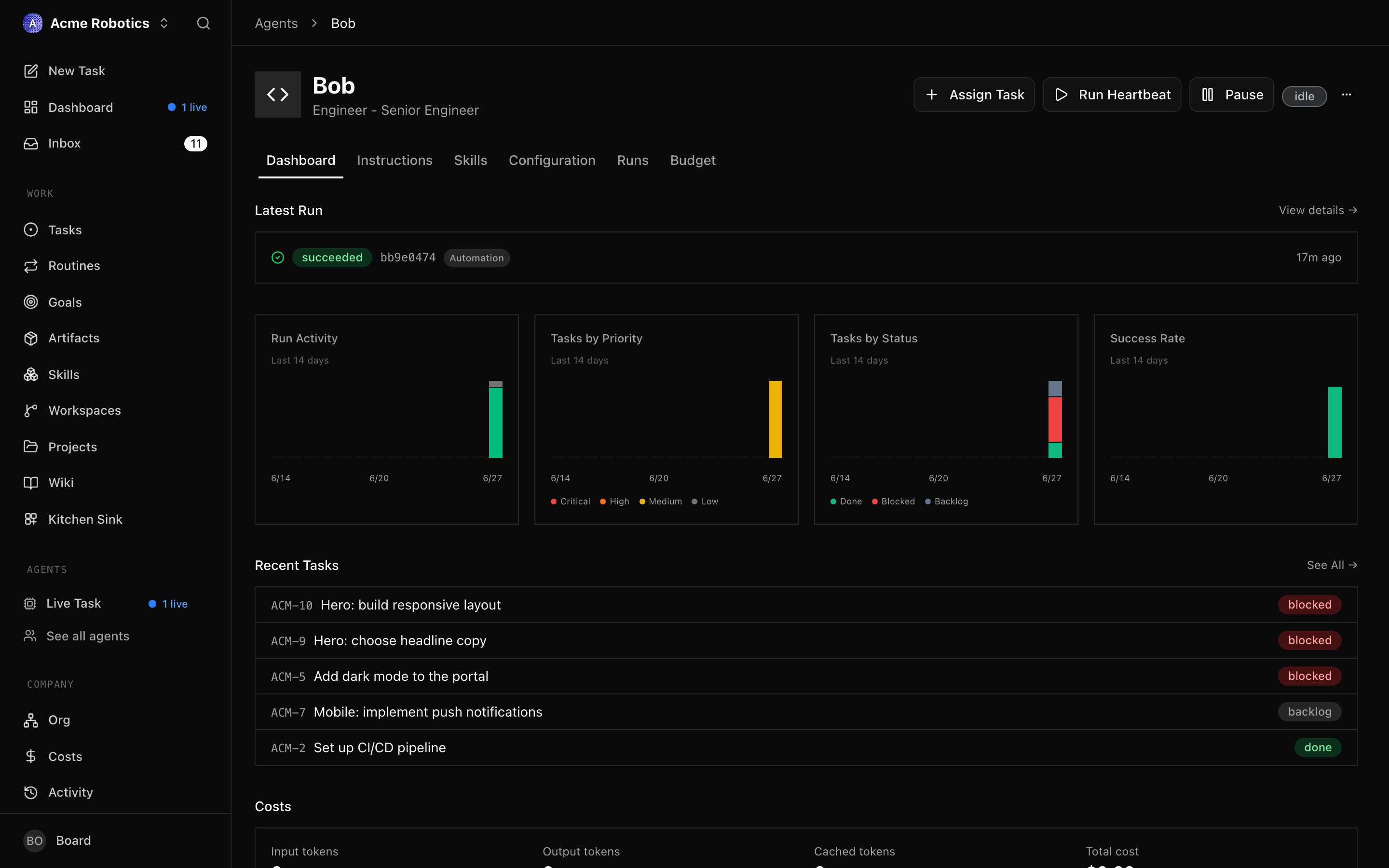 The agent detail page showing the CEO agent in idle status