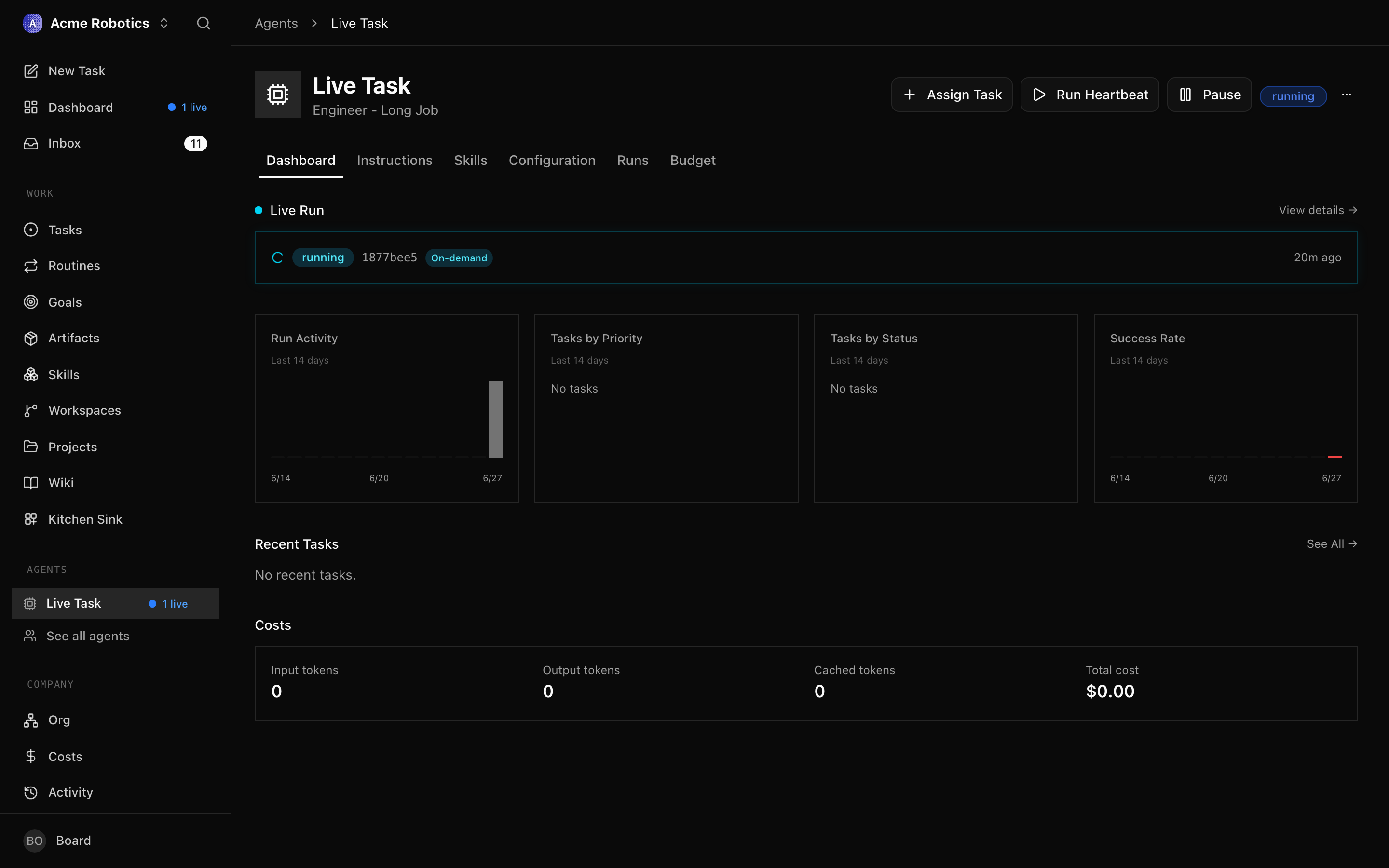 The agent detail page showing the CEO in "running" status with a live progress indicator