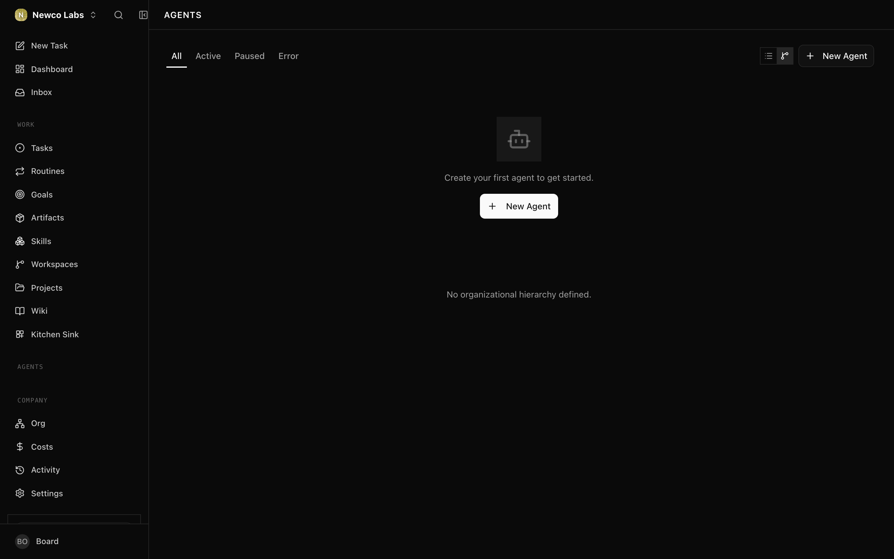 The empty agents list with a New Agent button