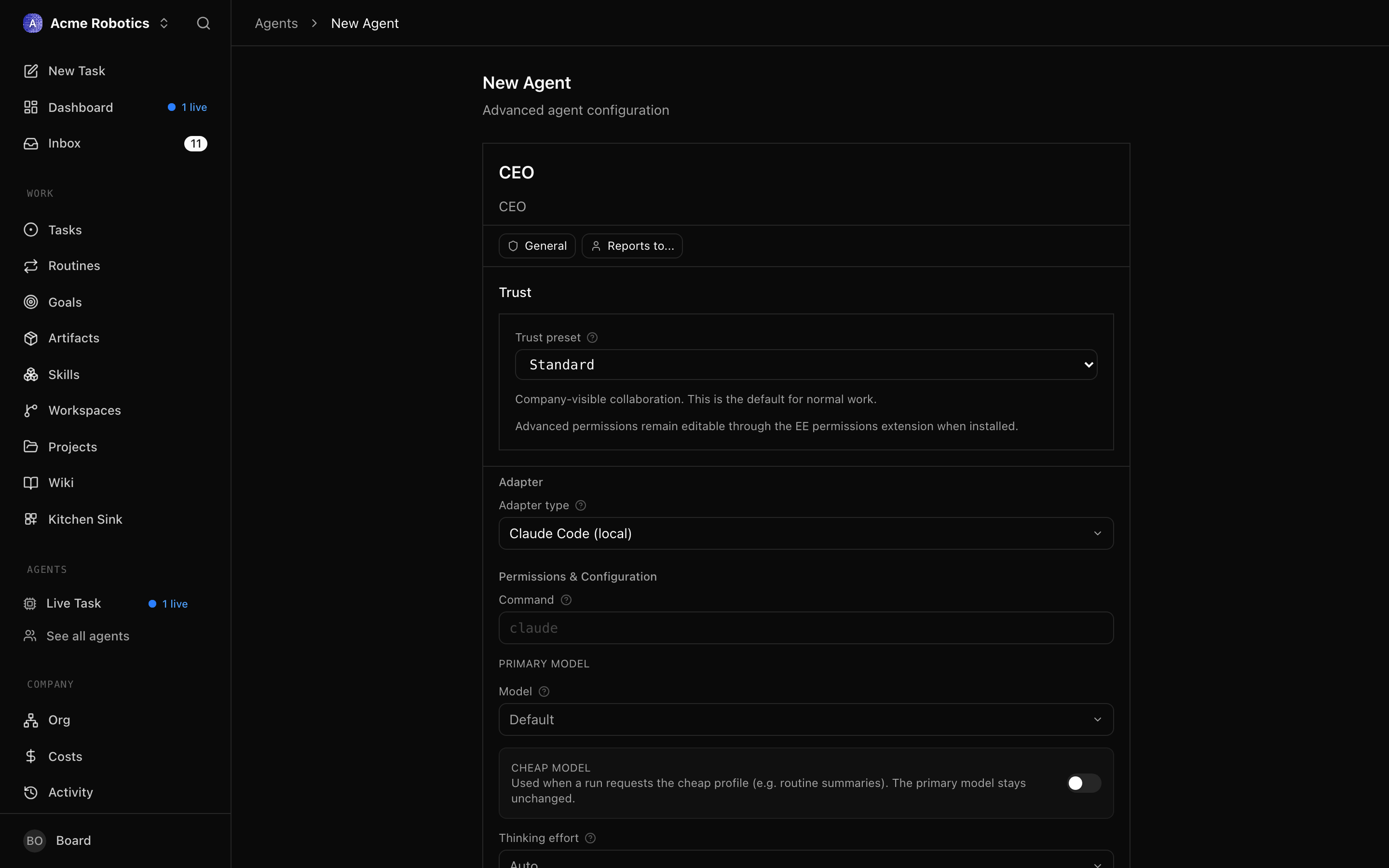 The budget and heartbeat configuration fields for the new agent