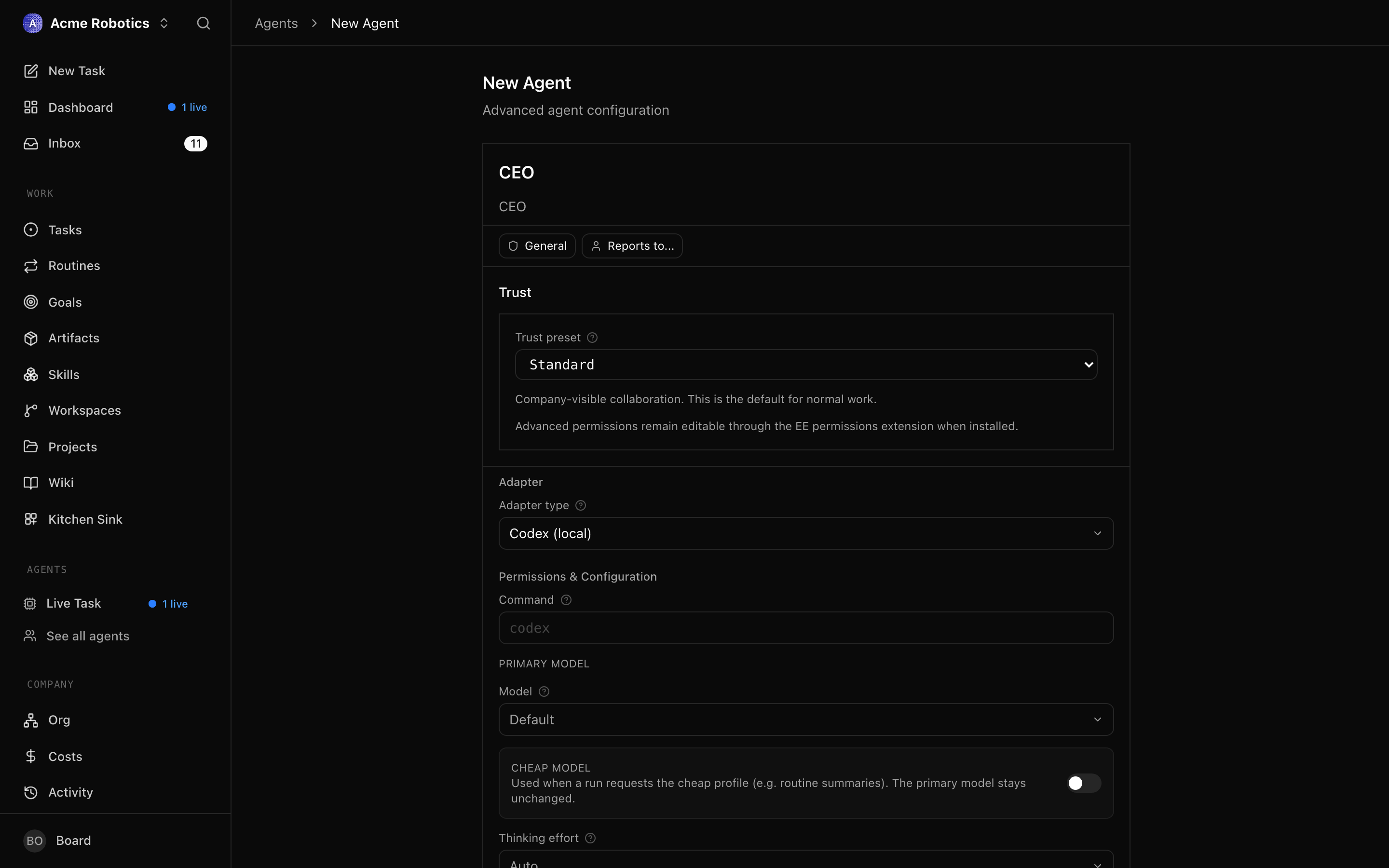 Codex local adapter configuration form