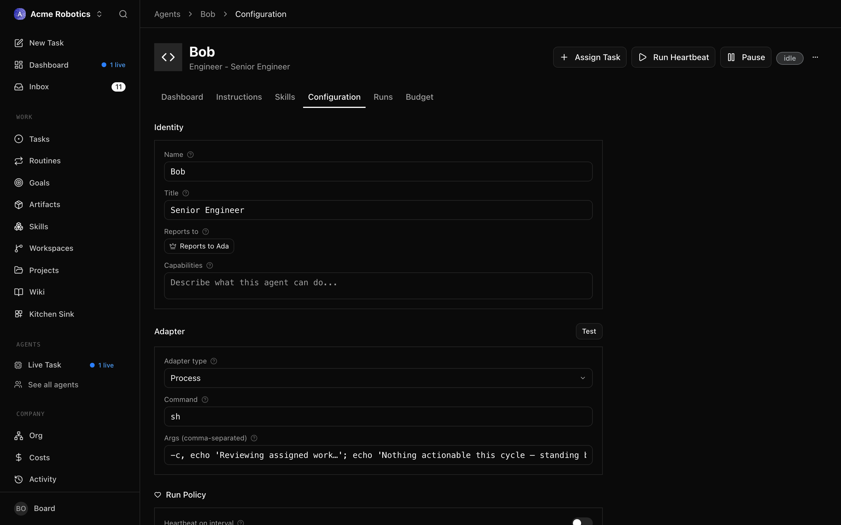 The agent detail page with the heartbeat toggle in its disabled state