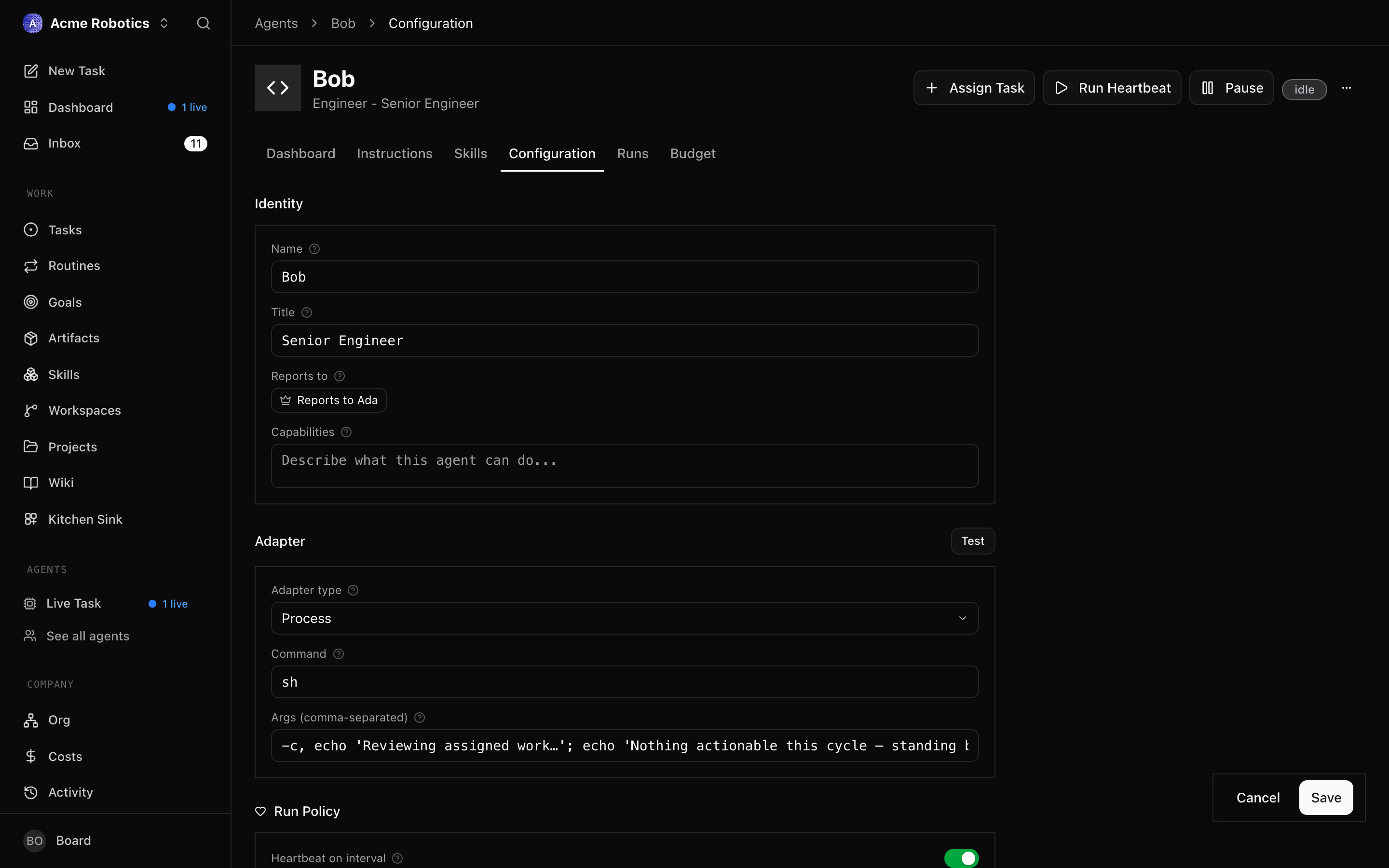 The agent detail page with the heartbeat toggle in its enabled state