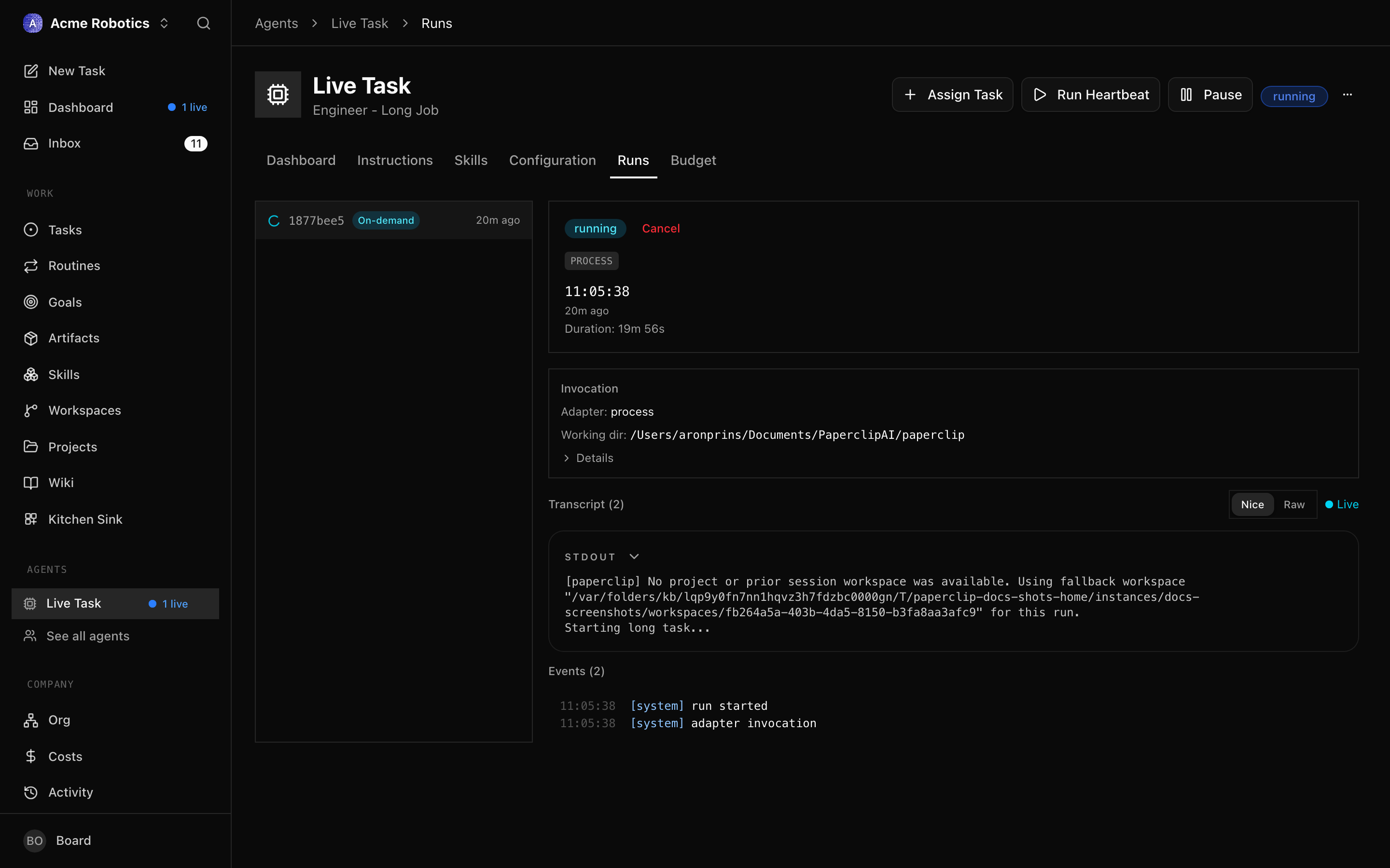 The run history section showing a heartbeat in progress