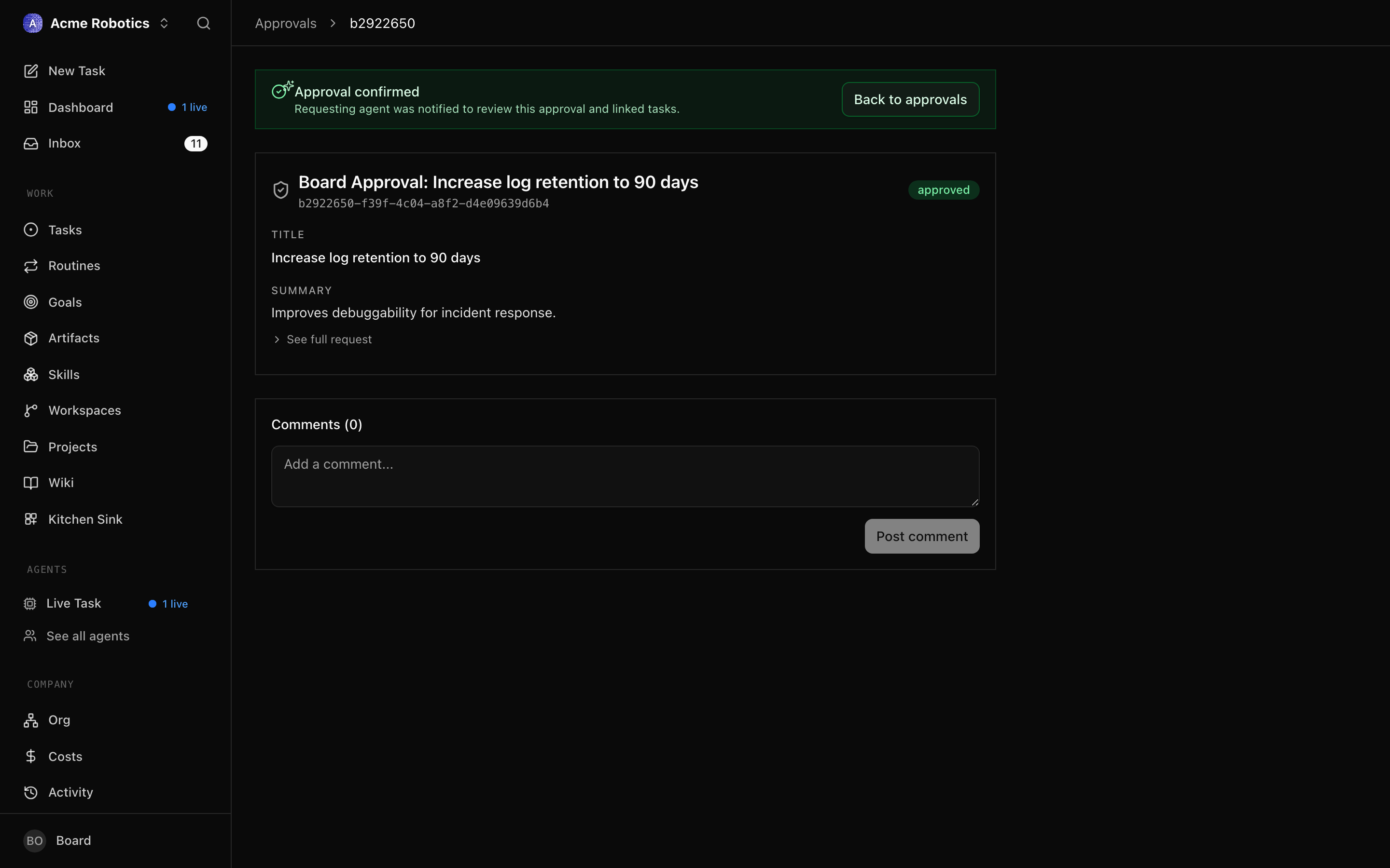 An approved approval showing the approved status badge and the timestamp of the decision