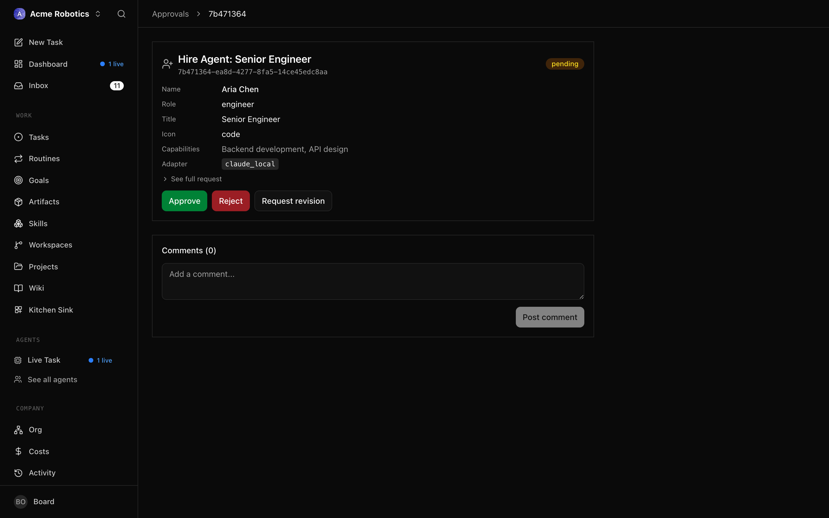 Hire approval detail showing proposed agent name, role, capabilities description, adapter type, and budget