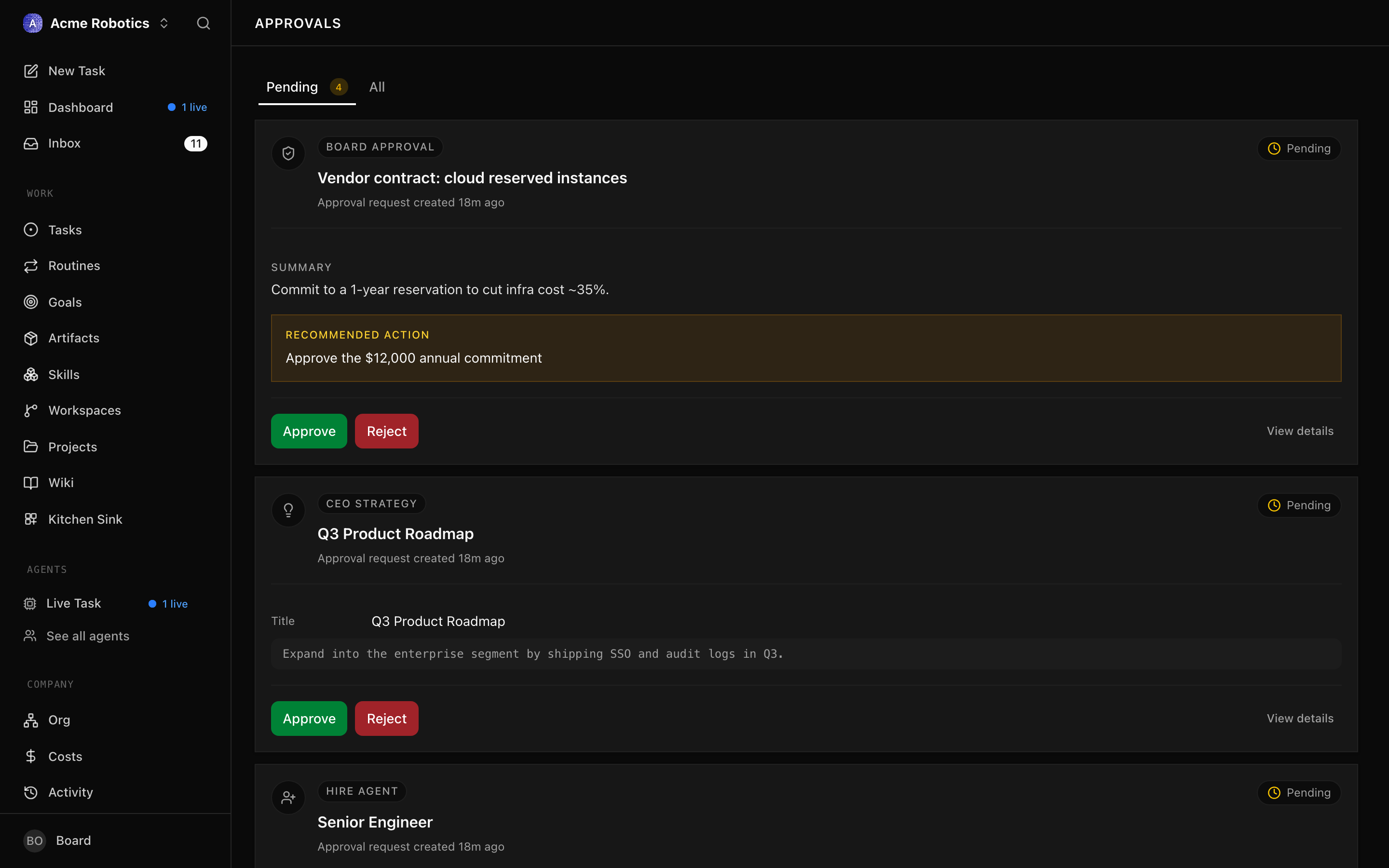 Approvals tab bar with Pending and All tabs and a pending count pill