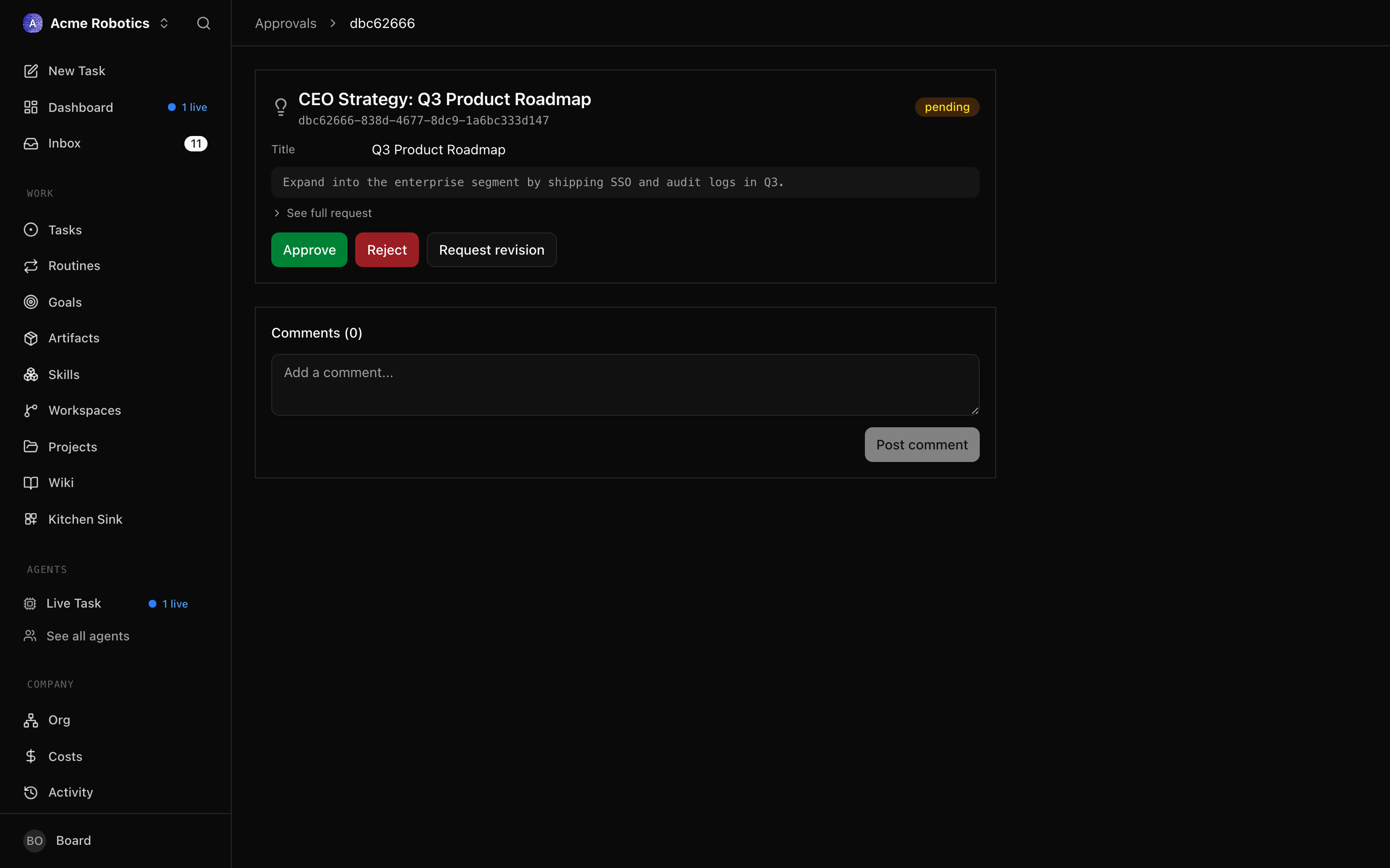 The strategy approval detail page showing the CEO's proposed plan