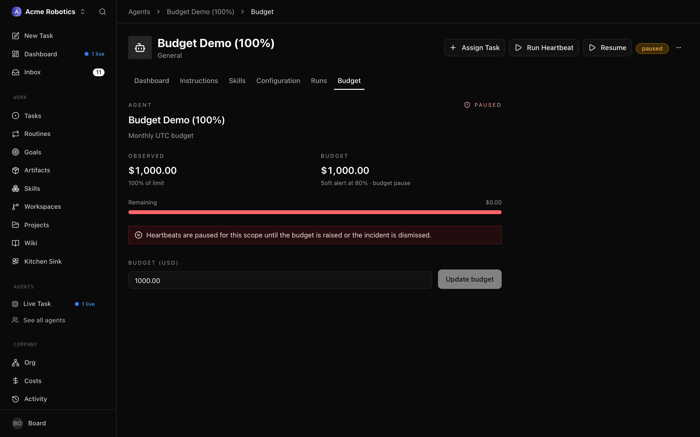 Agent budget bar at 100% — red, agent shown as paused