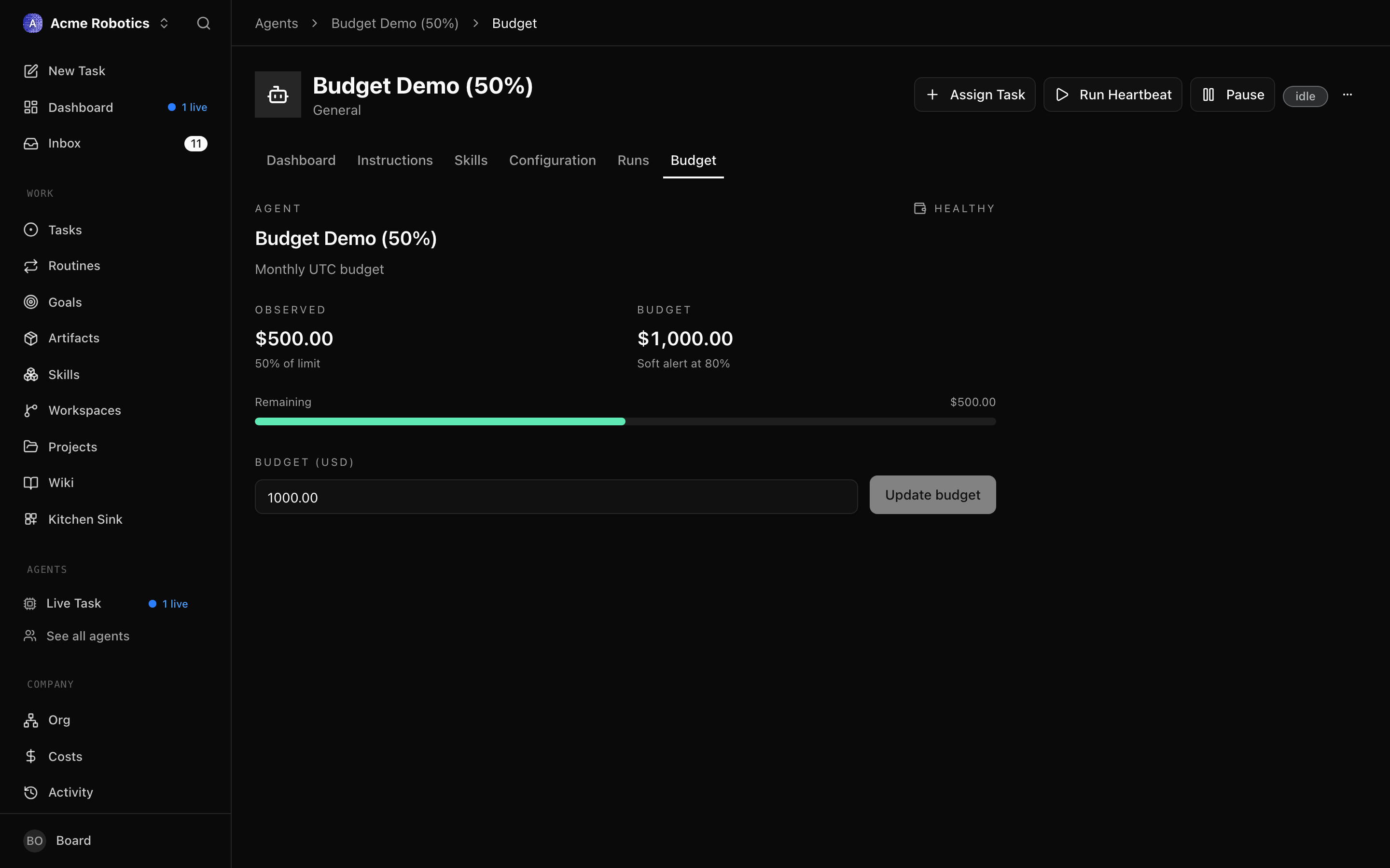 The cost summary panel showing per-agent budget bars with current spend
