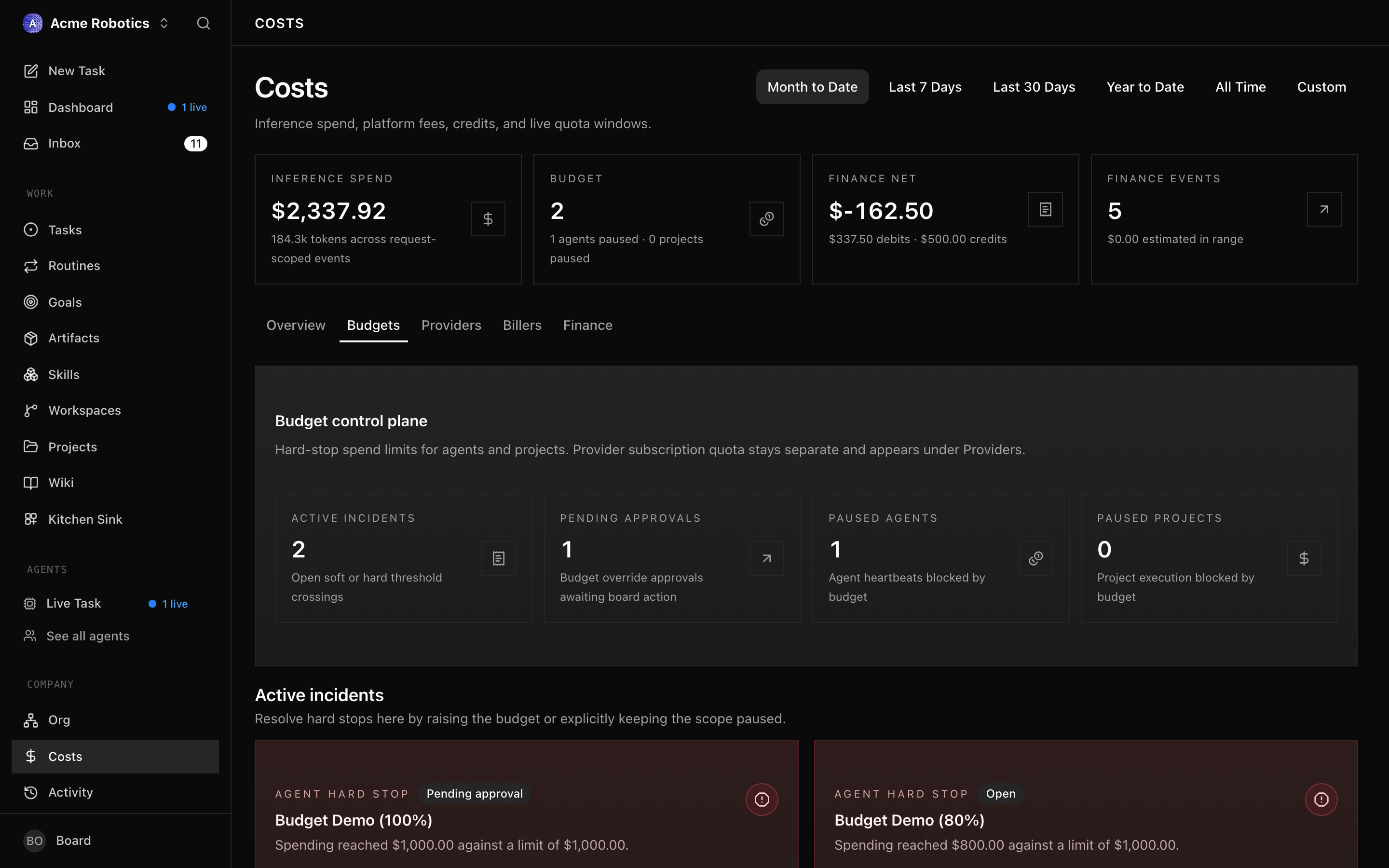 Company settings page showing the Monthly Budget field