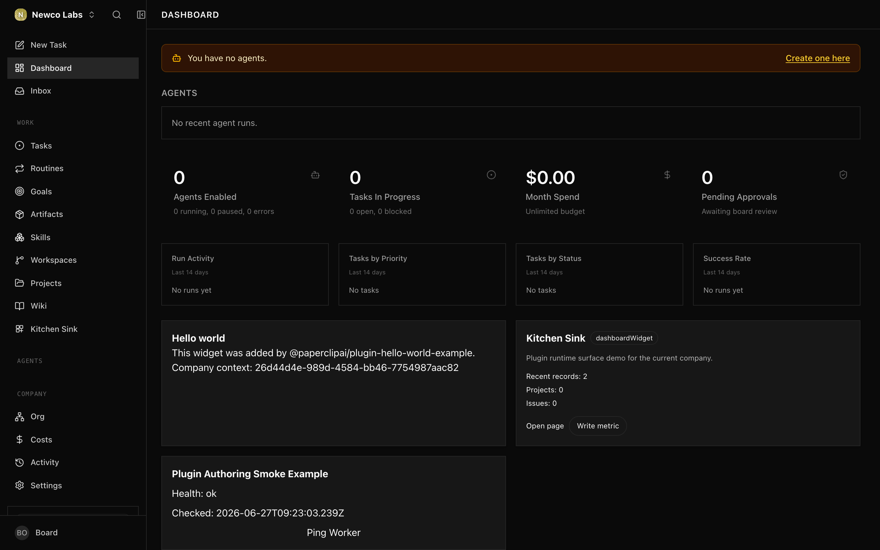 The empty company dashboard after creation, with no agents or tasks yet