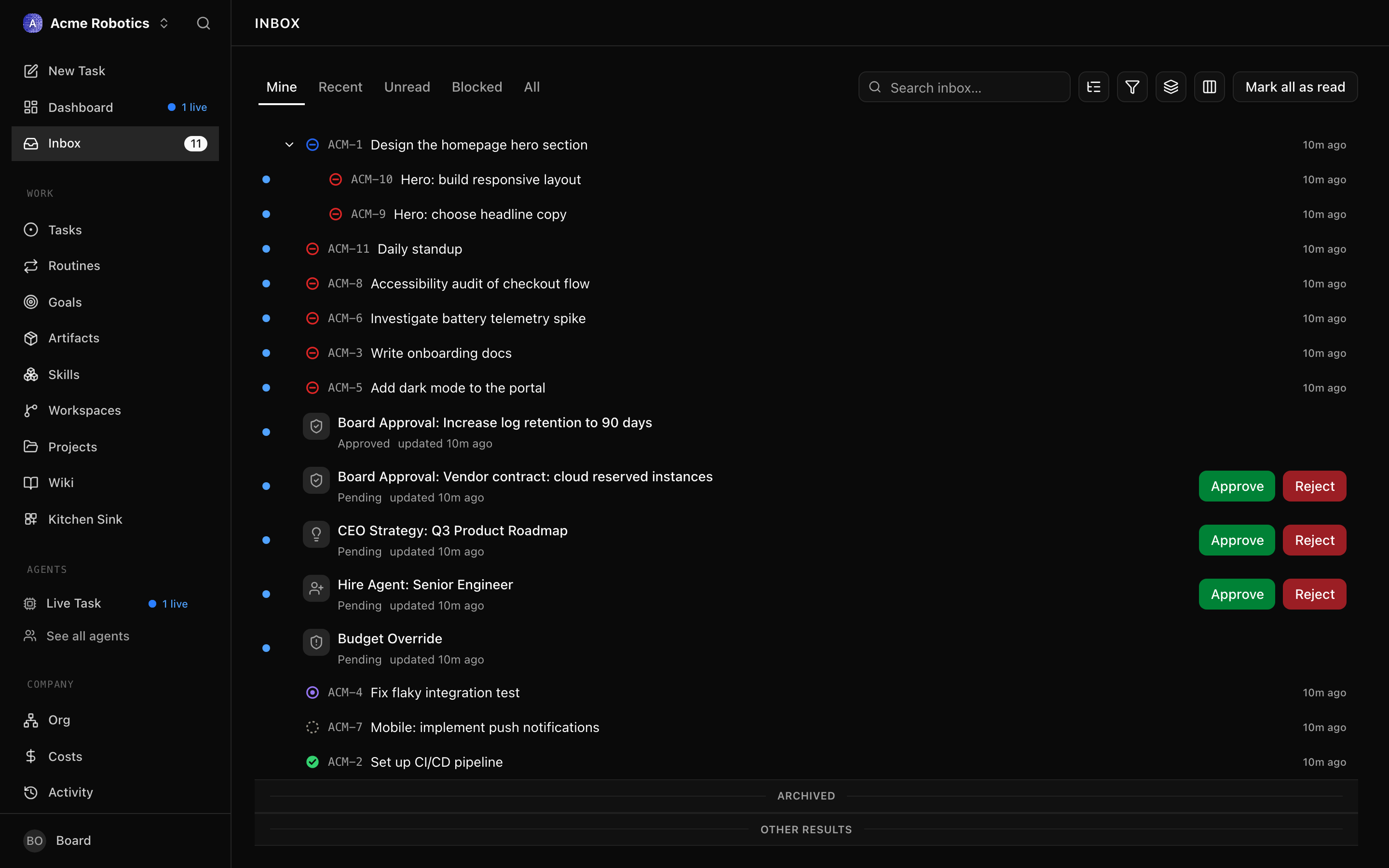 The task inbox showing tasks in various statuses