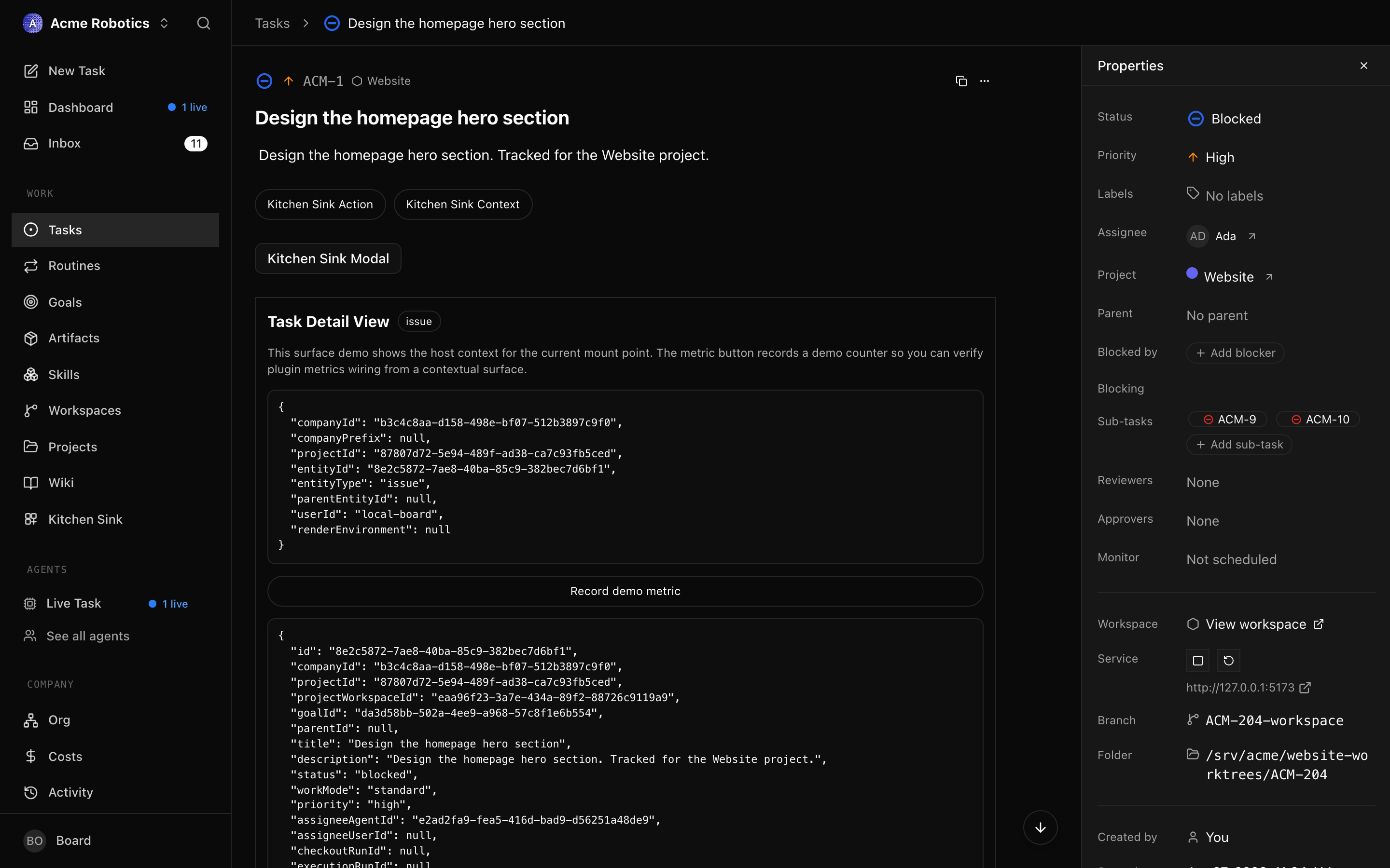 A task detail page showing the comment thread with the CEO's working notes